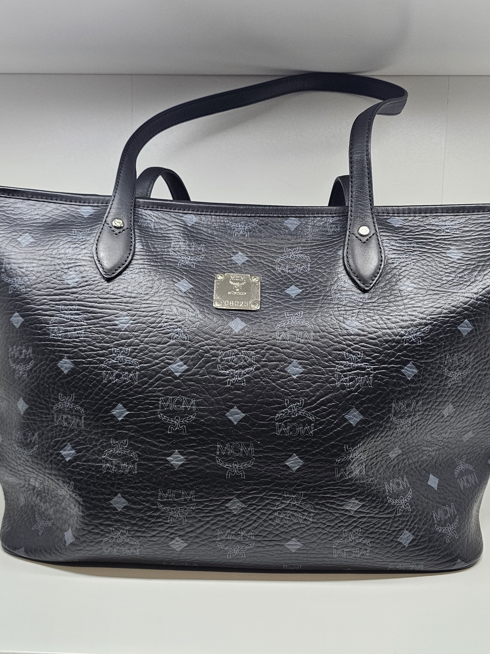 MCM Black Logo Print Leather Tote